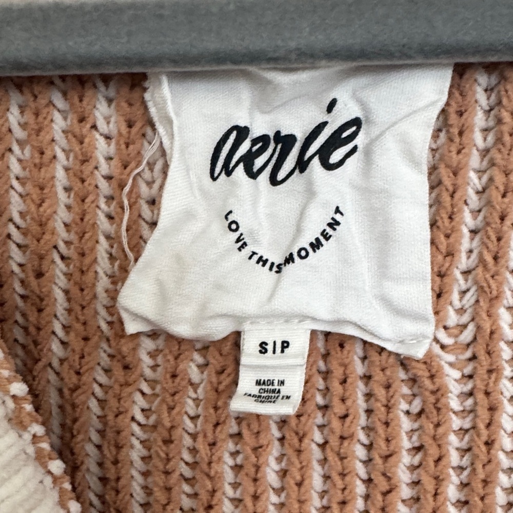 Aerie V-Neck Striped Sweater in Tan and Cream - Picture 3 of 4